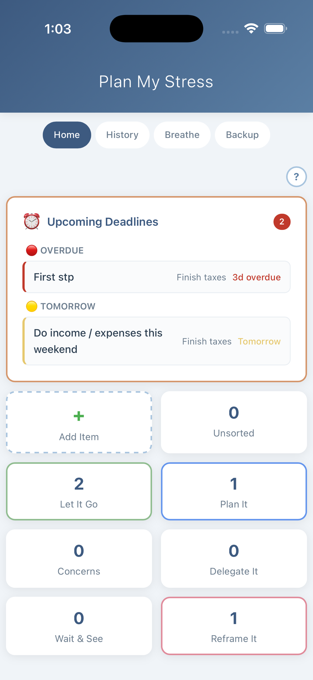 Plan My Stress home screen